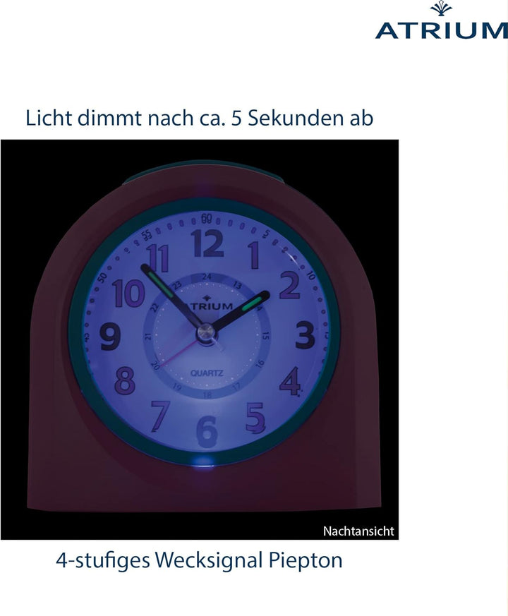 Atrium Kinderwecker Jugendwecker Analog Quarz mit Licht, Snooze &amp; schleichende Sekunde - leise ohne