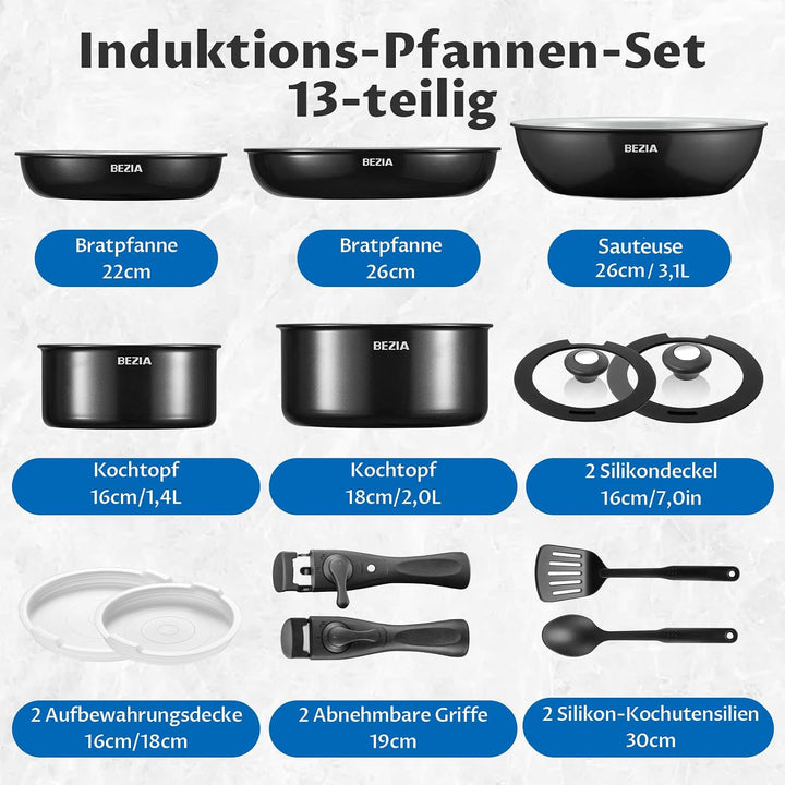BEZIA Pfannenset mit abnehmbaren Griffen, Töpfe und Pfannen Set mit gesunder Keramikbeschichtung, In