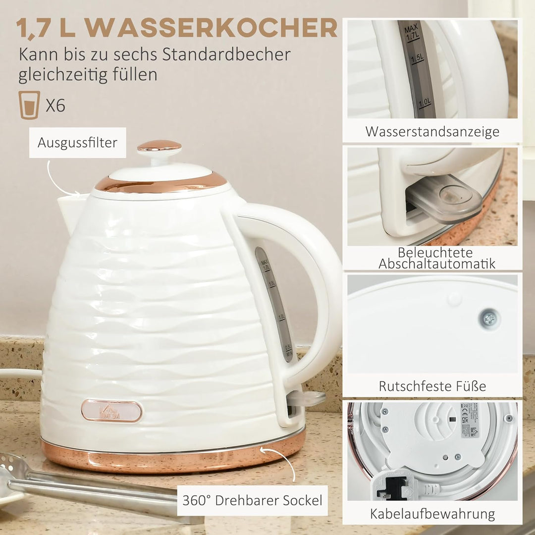 HOMCOM Wasserkocher Toaster Set Frühstück-Set mit 1,7L Wasserkocher, 4 Scheiben Toaster, 2200 W, 7 B