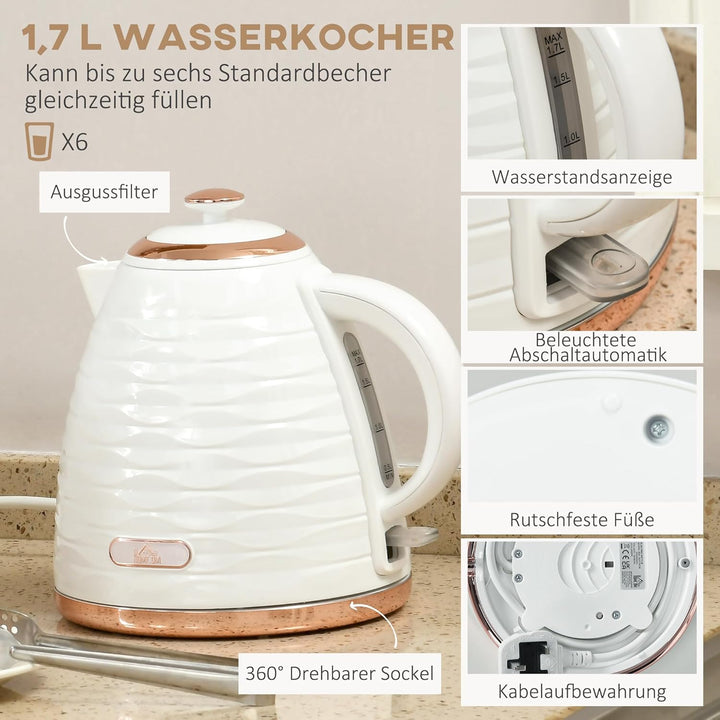 HOMCOM Wasserkocher Toaster Set Frühstück-Set mit 1,7L Wasserkocher, 4 Scheiben Toaster, 2200 W, 7 B