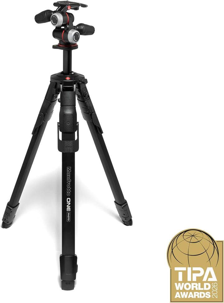 Manfrotto ONE Photo, Aluminium‑Stativ‑Kit mit XPRO 3‑Wege‑Kopf, 12 kg Tragkraft, 90° Horizontalsäule