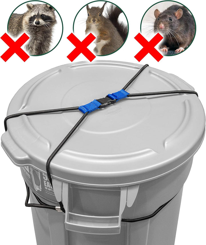 ENCASED Mülltonnen-Deckelschloss für Tiere, robuster Spanngurt für grosse Gartenabfalleimer blau L,