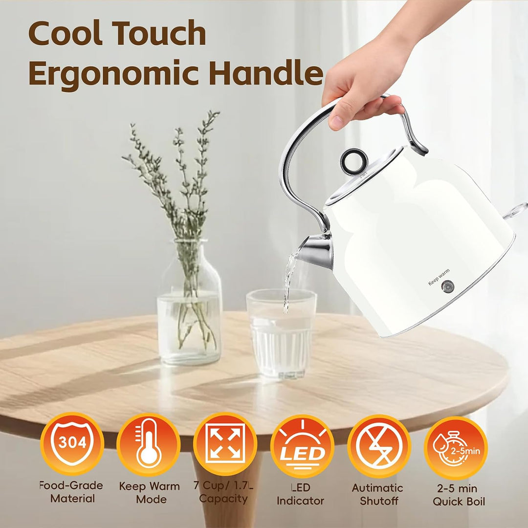 Huogary Wasserkocher - 1,7 L Edelstahl Wasserkocher mit Warmfunktion, 2000W Schnellkocher mit LED-An