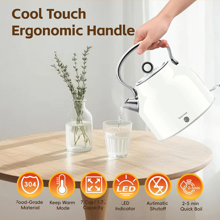 Huogary Wasserkocher - 1,7 L Edelstahl Wasserkocher mit Warmfunktion, 2000W Schnellkocher mit LED-An