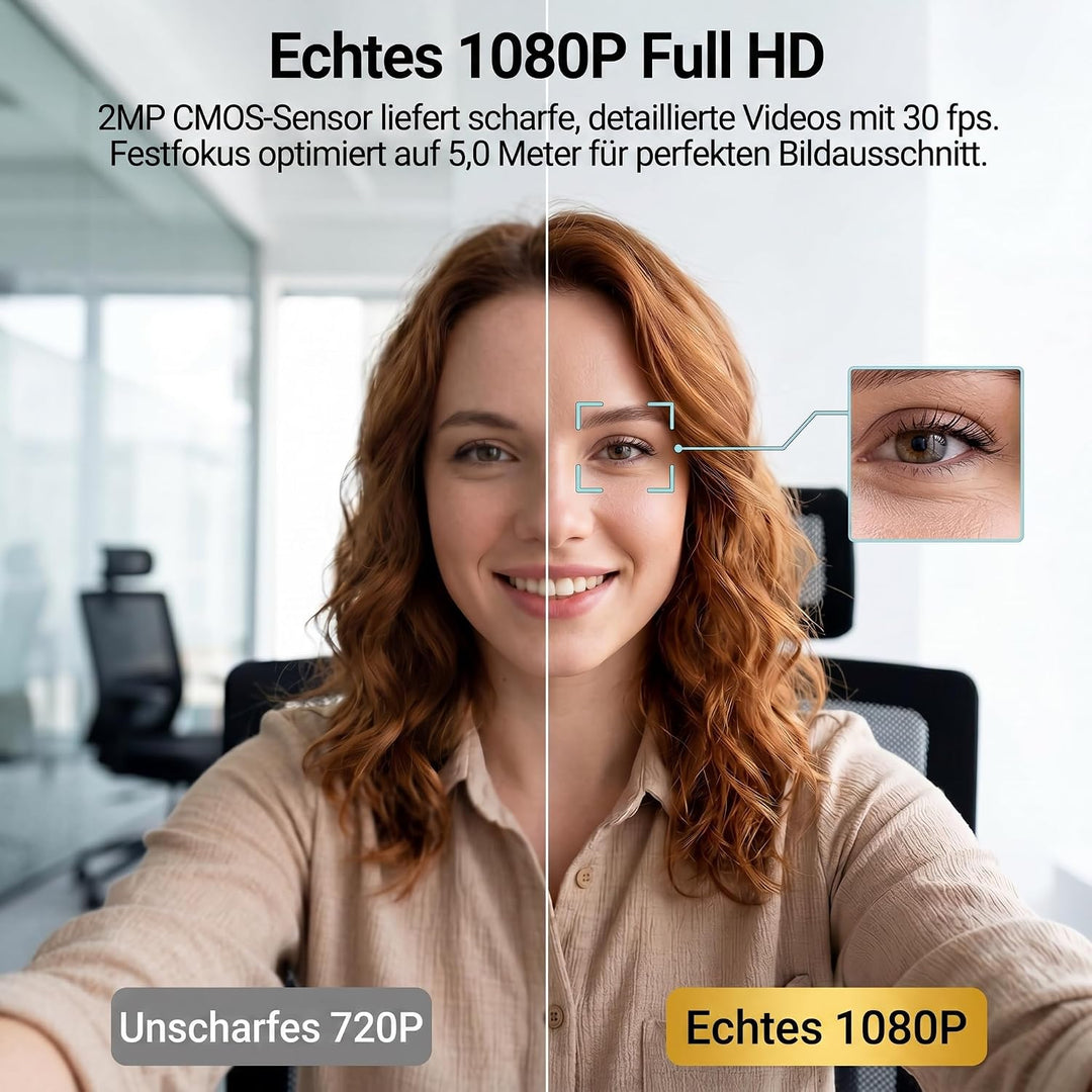 1080p Webcam mit Mikrofon &amp; Rauschunterdrückung, Full HD PC Kamera | Automatische Lichtkorrektur, 90