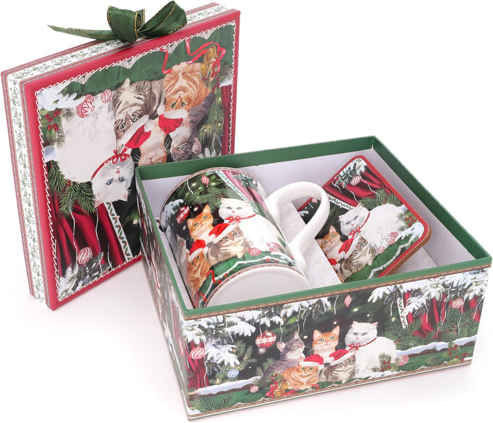 Christmas Concepts® Festive Cat Deluxe Keramikgeschirr-Serie, Teeservice mit 297 ml Tasse, Löffel un