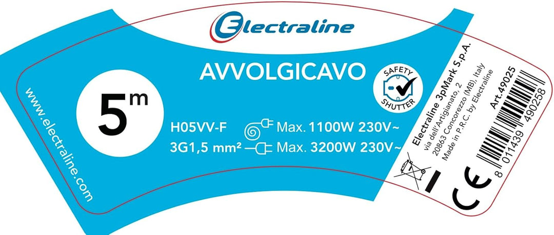 Electraline 49025 Verlängerungskabel mit Kabeltrommel 5 mt, 4 Steckdosen Blasenfolie (Schuko + 10/16