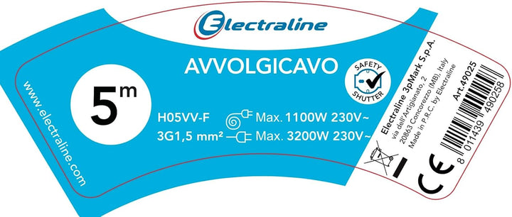 Electraline 49025 Verlängerungskabel mit Kabeltrommel 5 mt, 4 Steckdosen Blasenfolie (Schuko + 10/16