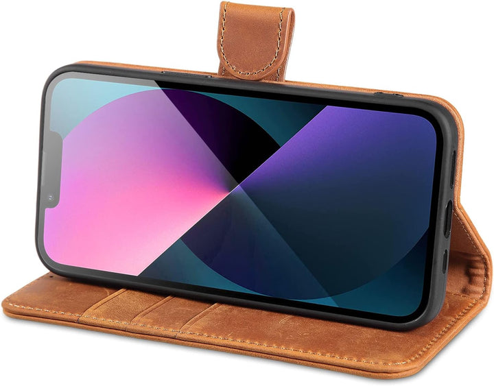 LENSUN Echtleder Hülle für iPhone 13 5G, Handyhülle [Echtes Leder][Magnetverschluss][RFID Schutz] Ha