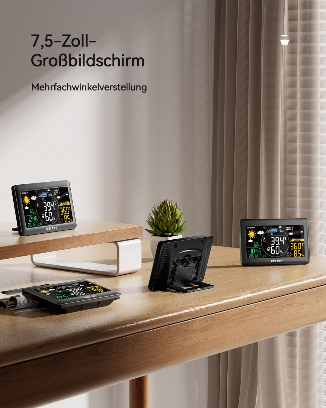 BALDR WLAN-Wetterstation mit App, 7,5-Zoll-Farbdisplay, 3 drahtlose Sensoren, kabellose Wetterstatio