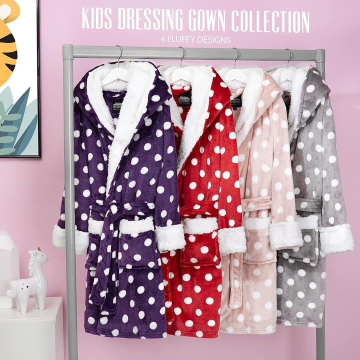 CityComfort Bademantel Kinder Mädchen, Fleece Morgenmantel Kinder Dressing Gown mit Punkten, Grau