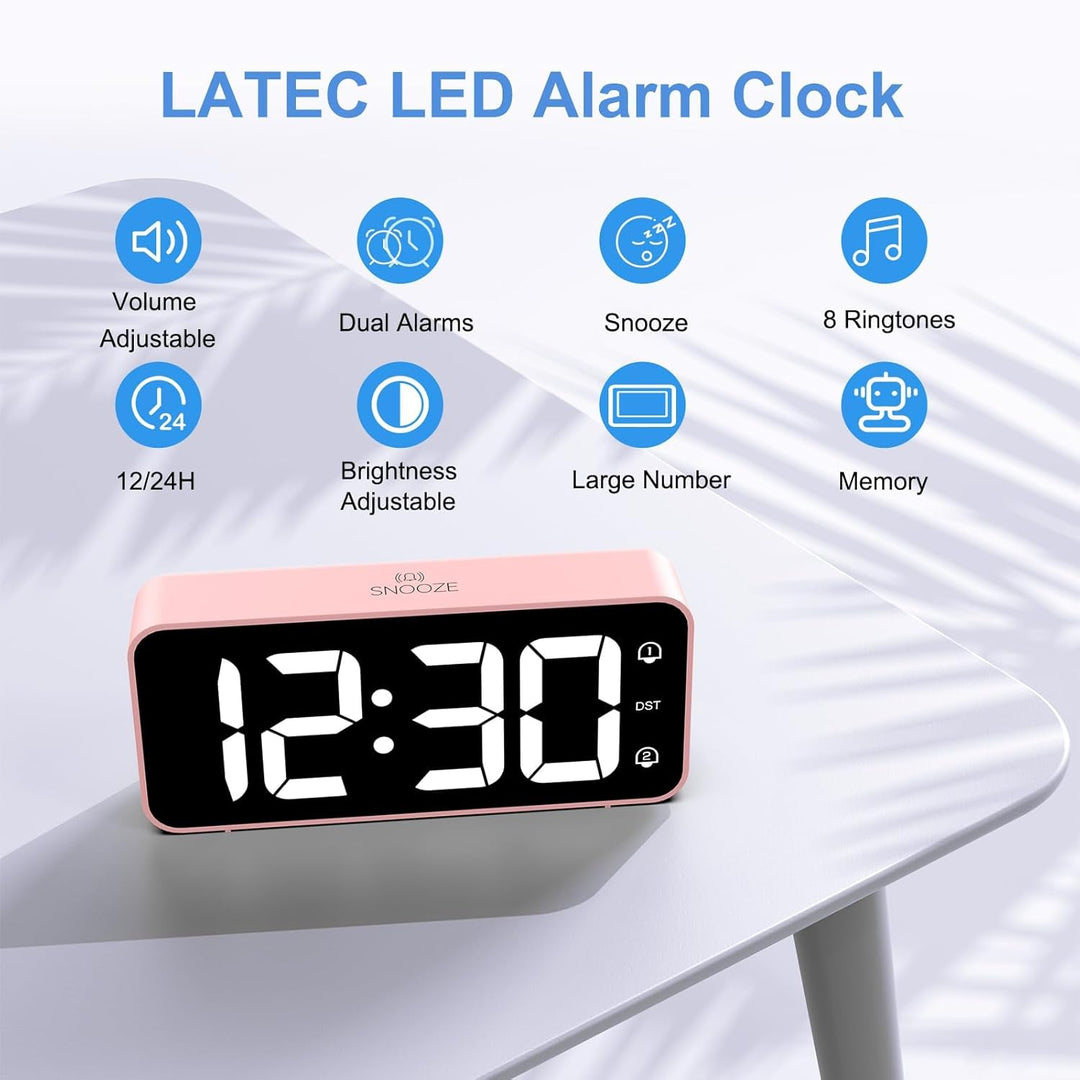 LATEC Wecker Digital, LED Digitaler Wecker mit 2 Alarme Snooze, Digital Uhr mit USB-Ladeanschluss, 0