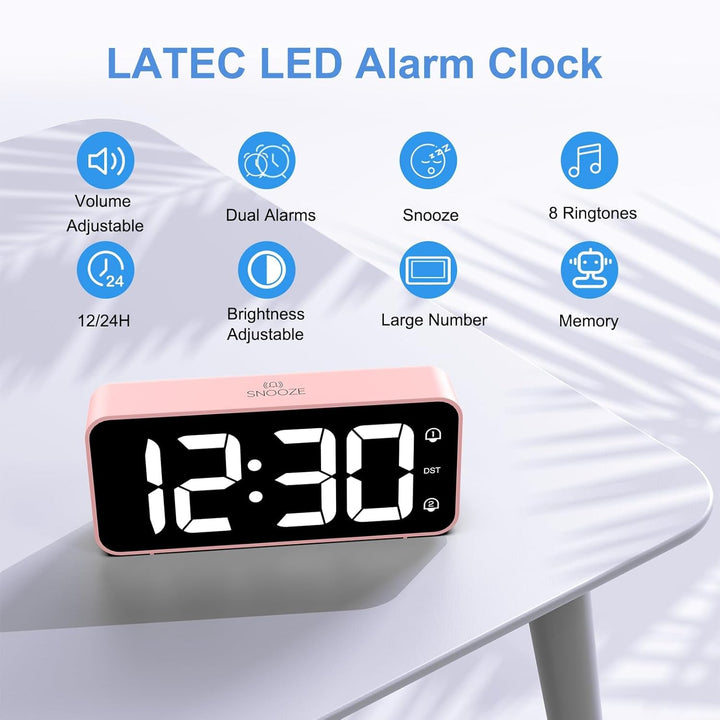 LATEC Wecker Digital, LED Digitaler Wecker mit 2 Alarme Snooze, Digital Uhr mit USB-Ladeanschluss, 0