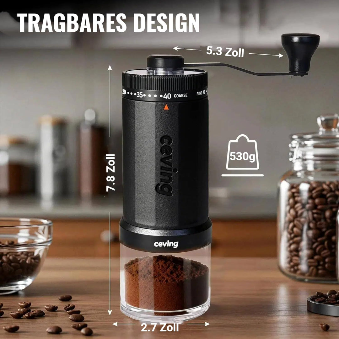 CEVING weltweit erste manuelle Kaffeemühle mit 60g Fassungsvermögen schwarz | Tragbare Handkaffeemüh