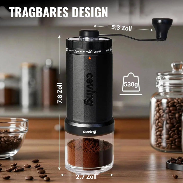 CEVING weltweit erste manuelle Kaffeemühle mit 60g Fassungsvermögen schwarz | Tragbare Handkaffeemüh