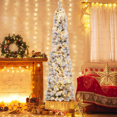 COSTWAY 180 cm Bleistift Weihnachtsbaum mit Schnee, Tannenbaum künstlich mit Beleuchtung, 150 LEDs i