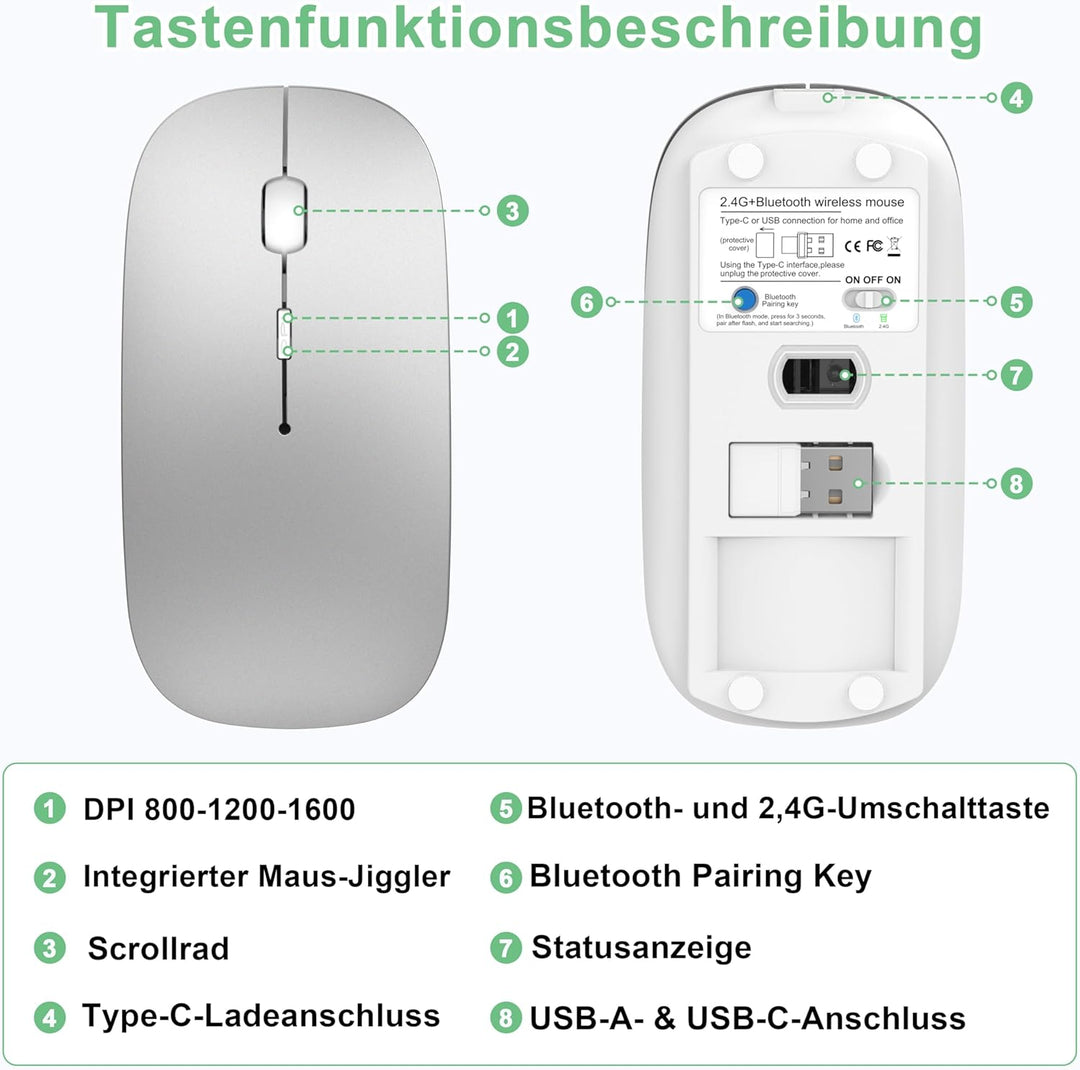 Bluetooth Maus Kabellos mit Jiggler, Wiederaufladbare Funkmaus für Laptop MacBook Air Mac iPad Pro P