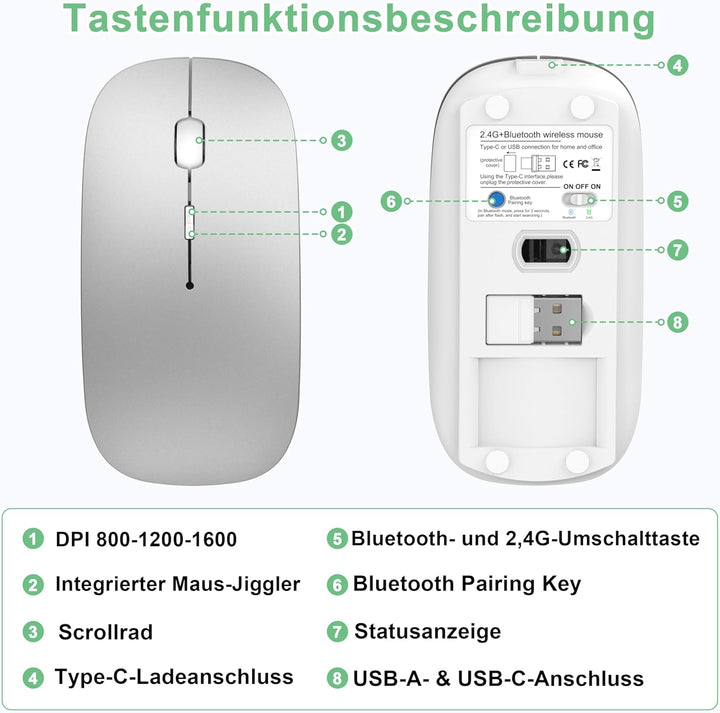 Bluetooth Maus Kabellos mit Jiggler, Wiederaufladbare Funkmaus für Laptop MacBook Air Mac iPad Pro P