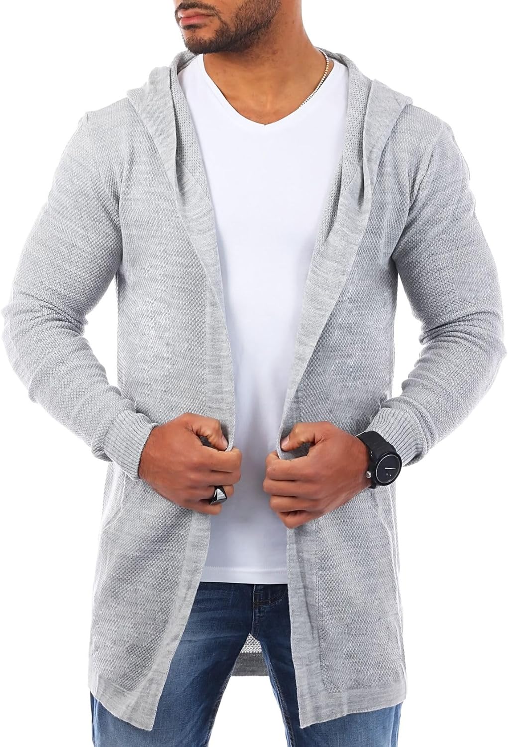 Carisma Herren Feinstrick Cardigan leichte Weste Strickjacke mit Kapuze Lange Passform Oversize Long