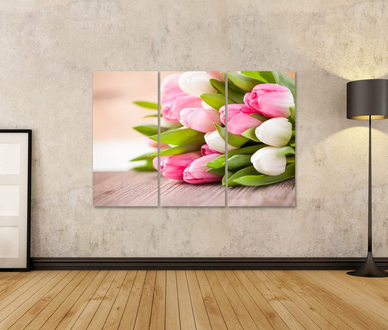 Bild auf Leinwand Strauss Tulpen Vor Frühlingsszene Wandbild Poster Kunstdruck Bilder Format: 130x80