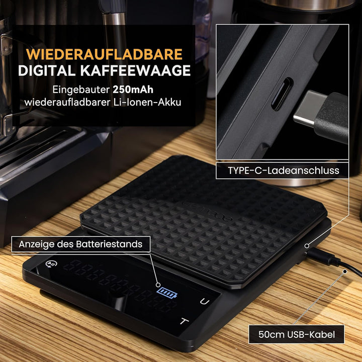 bemece Wiederaufladbare Digital kaffeewaage, Barista Waage 0,1 g, Wasserdichte Espressowaage mit Gro