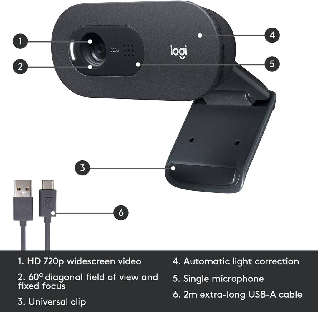 Logitech C505 HD Webcam, 720p externe USB Kamera für den Computer-Bildschirm mit Langstreckenmikrofo