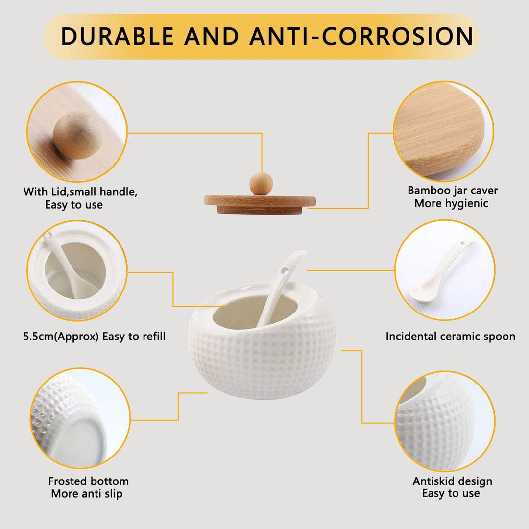 Keramik Gewürzgläser Set, 3 Stk Zuckerdose Gewürzdosen mit Bambus Deckel, Löffel und TablettSet, 170