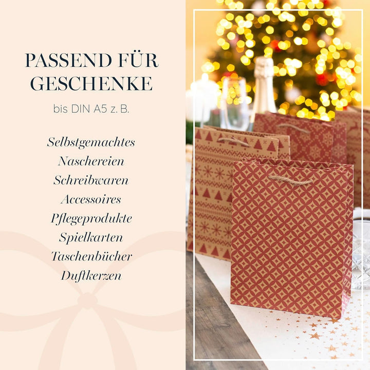 100% Mosel Geschenktüten Weihnachten, in Natur/Rot, 12 Stück (18 x 23 x 8 cm), Weihnachtstaschen aus