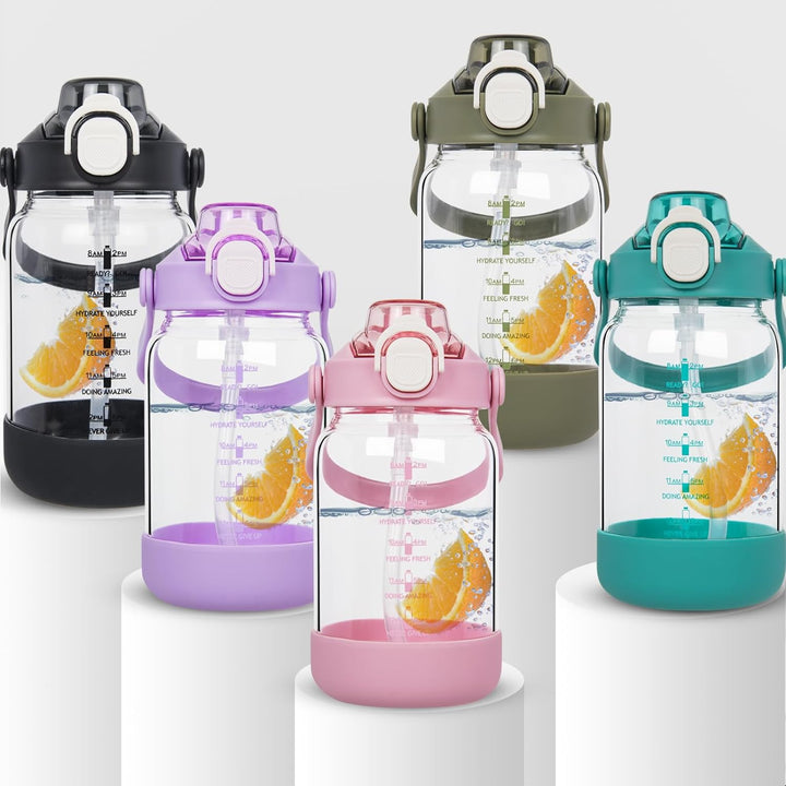 Seekua 1l Trinkflasche Glas Flasche mit Strohhalm & Zeitmarkierung, 1 liter Wasserflasche mit Frücht