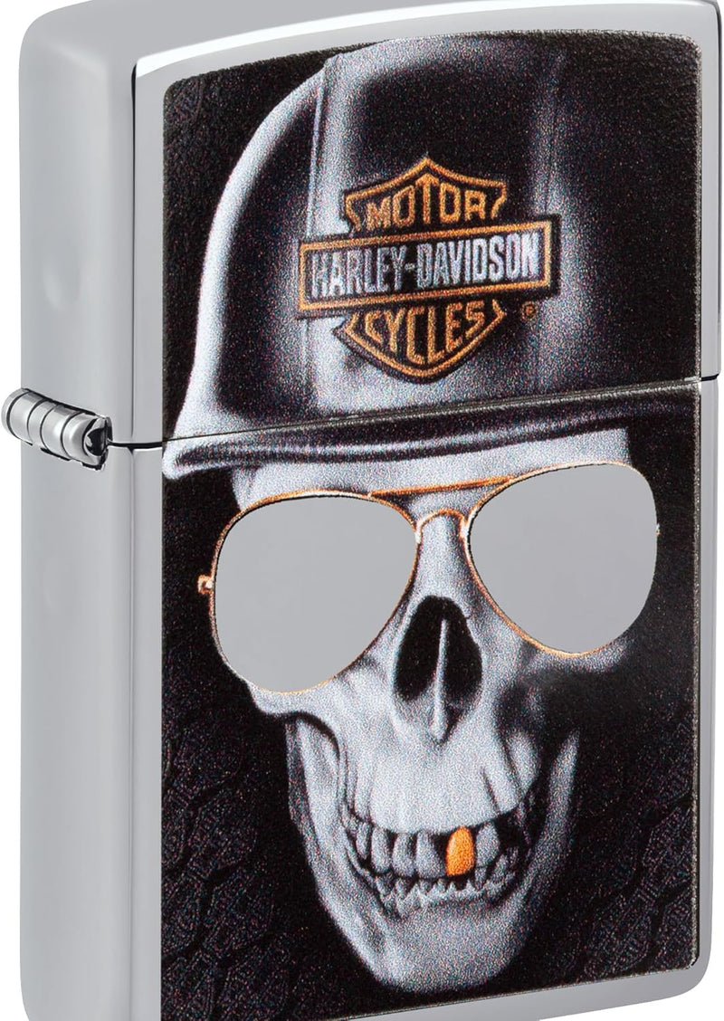 Zippo Sturmfeuerzeug mit Totenkopf-Motiv, Unisex, mit Sonnenbrille, goldfarbener Zahn, Chrom, regulä