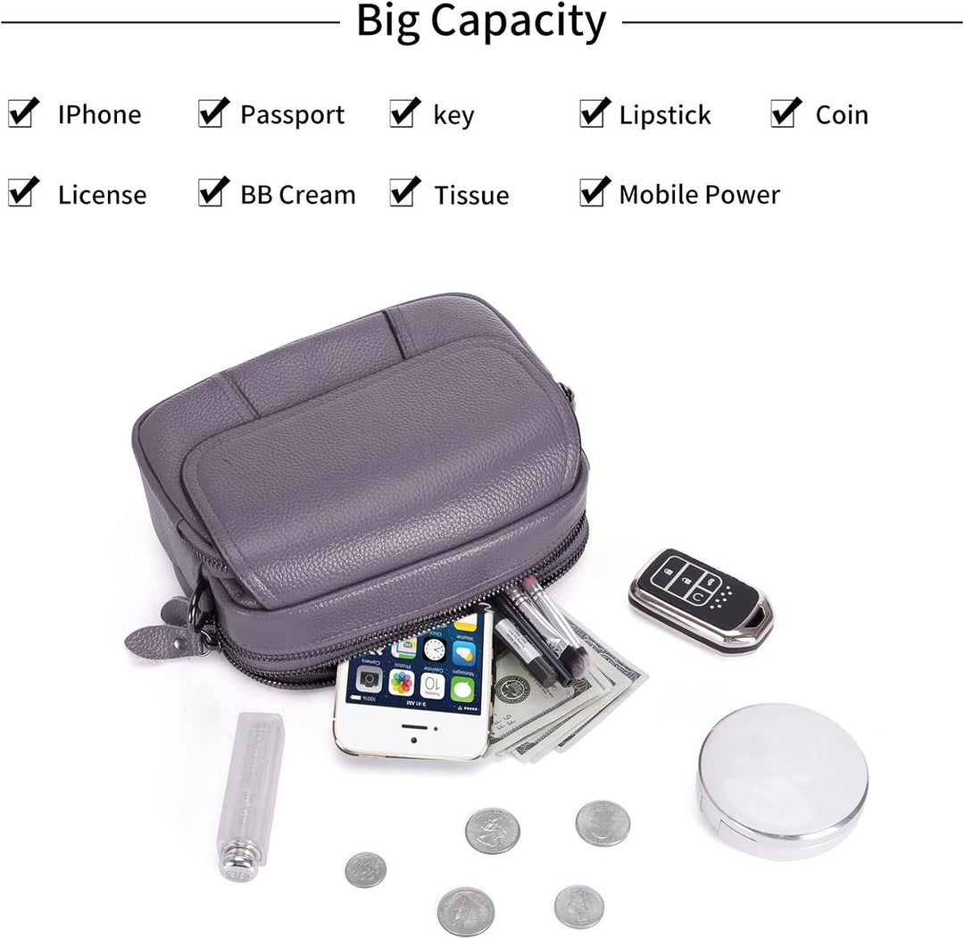 HAWEE Damen Handy Umhängetasche Echtes Leder Crossbody Schultertasche mit 3 Reissverschlüsse Kleine