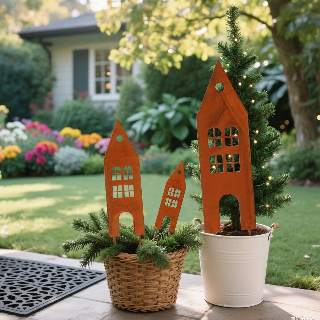 Gartendeko Rost,3 Stück Häuser Gartenstecker Metall,Rostdeko Gartendeko,Deko Haus aus Edelrost, Meta