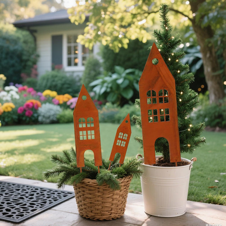 Gartendeko Rost,3 Stück Häuser Gartenstecker Metall,Rostdeko Gartendeko,Deko Haus aus Edelrost, Meta