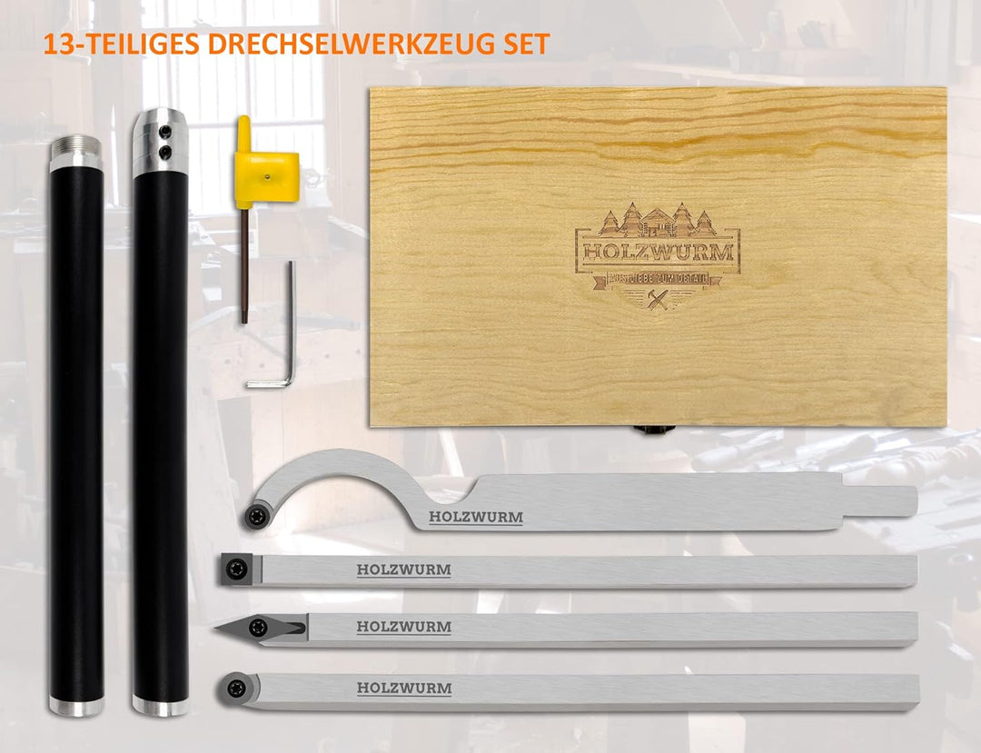 HOLZWURM Drechseleisen Set mit Hartmetall-Schneidplatten, verstellbare Drechselmesser in Holzkoffer,