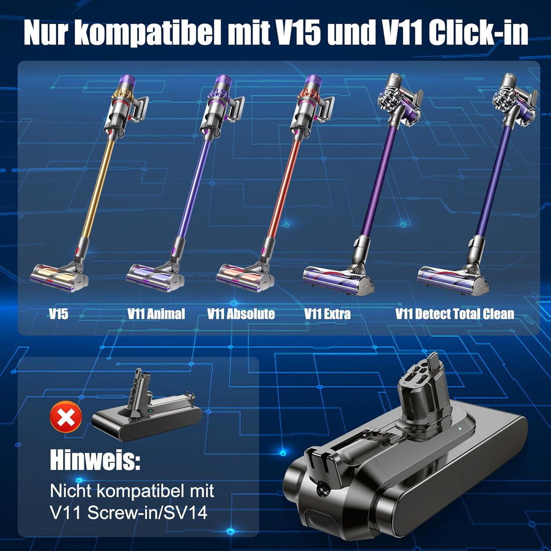 NexEnercell V15 Akku für Dyson V15, V11 Akku Kompatibel mit V11(Knopftyp) SV16 SV22 SV28 Staubsauger