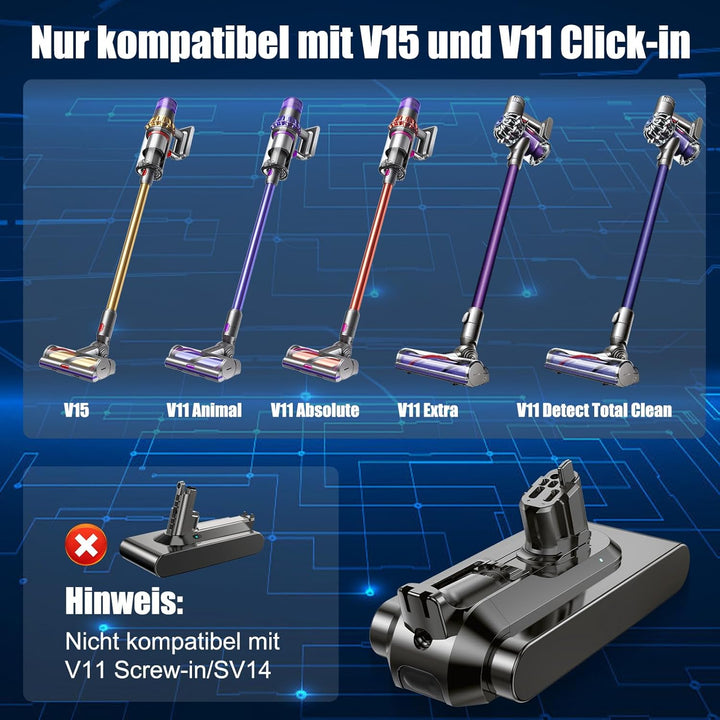NexEnercell V15 Akku für Dyson V15, V11 Akku Kompatibel mit V11(Knopftyp) SV16 SV22 SV28 Staubsauger