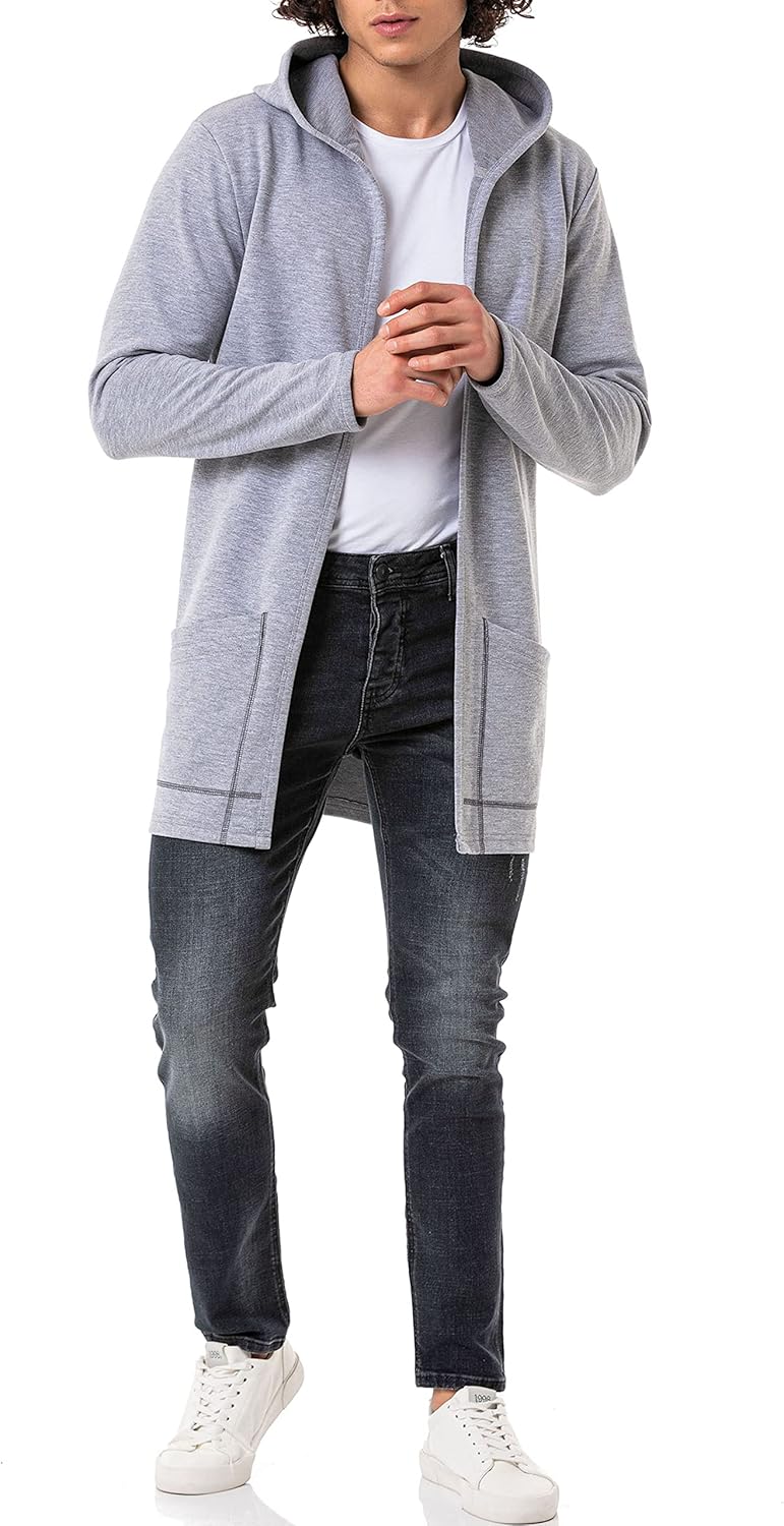Red Bridge Herren Cardigan Sweater-Jacke Long Cut mit Kapuze M Grau, M Grau