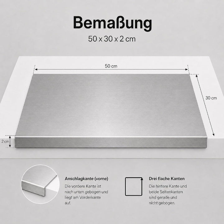 Arbeitsplatte Knetbrett Edelstahl [50x30 cm] - Für Kneten, Schneiden & Backen - Küchenplatte mit Ans
