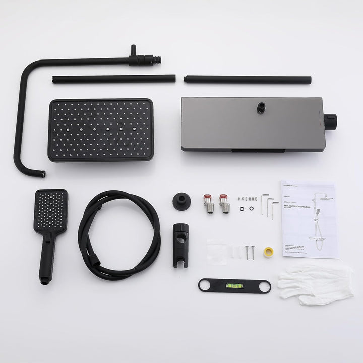 HOMELODY Duschsystem mit Thermostat Schwarz und Glasablage 40x18 CM - Duscharmatur Komplettset mit K