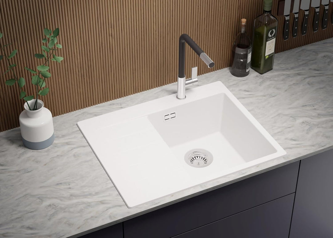 Granitspüle Weiss 62x50 cm, Spülbecken + Ablauf-Set + Küchenarmatur 9000, Küchenspüle für 40er Unter