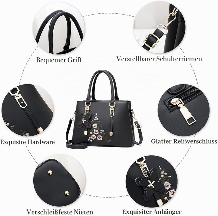FANDARE Damen Henkeltaschen Wasserdicht Tote Beutel Umhängetaschen Schultertasche PU-Leder Bestickte