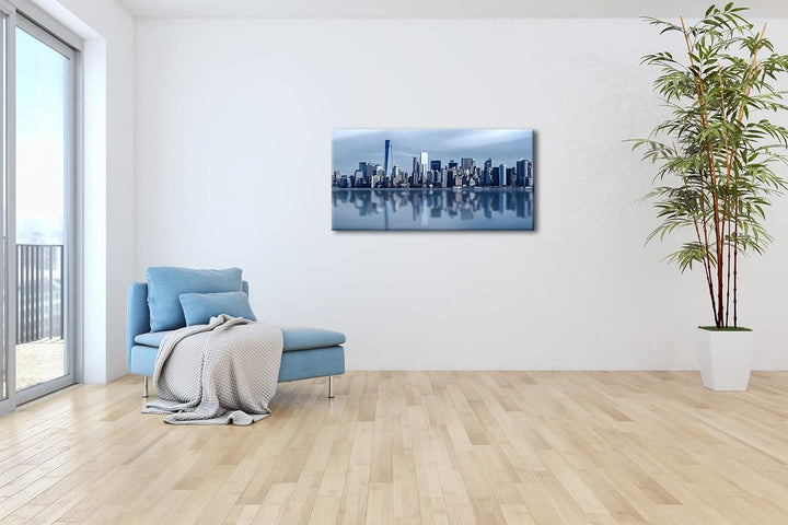 Küste von New York Panorama 120x60 cm als Leinwandbild, Motiv fertig gerahmt auf Echtholzrahmen, Hoc