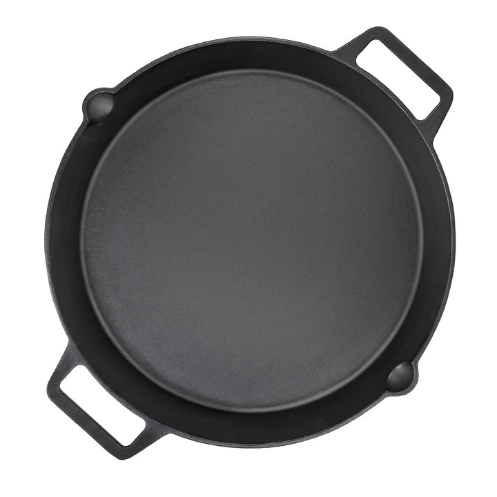 GFTIME Universal Gusseisen Grillpfanne Ø 40cm, gross rund Gusspfanne mit Zwei Griffe und Zwei Ausgie
