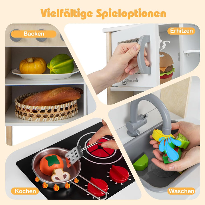 GOPLUS Kinderküche Holz, Kinderspielküche mit Mikrowelle, Spüle, Wasserhahn, Gasherde, Abzugshaube,