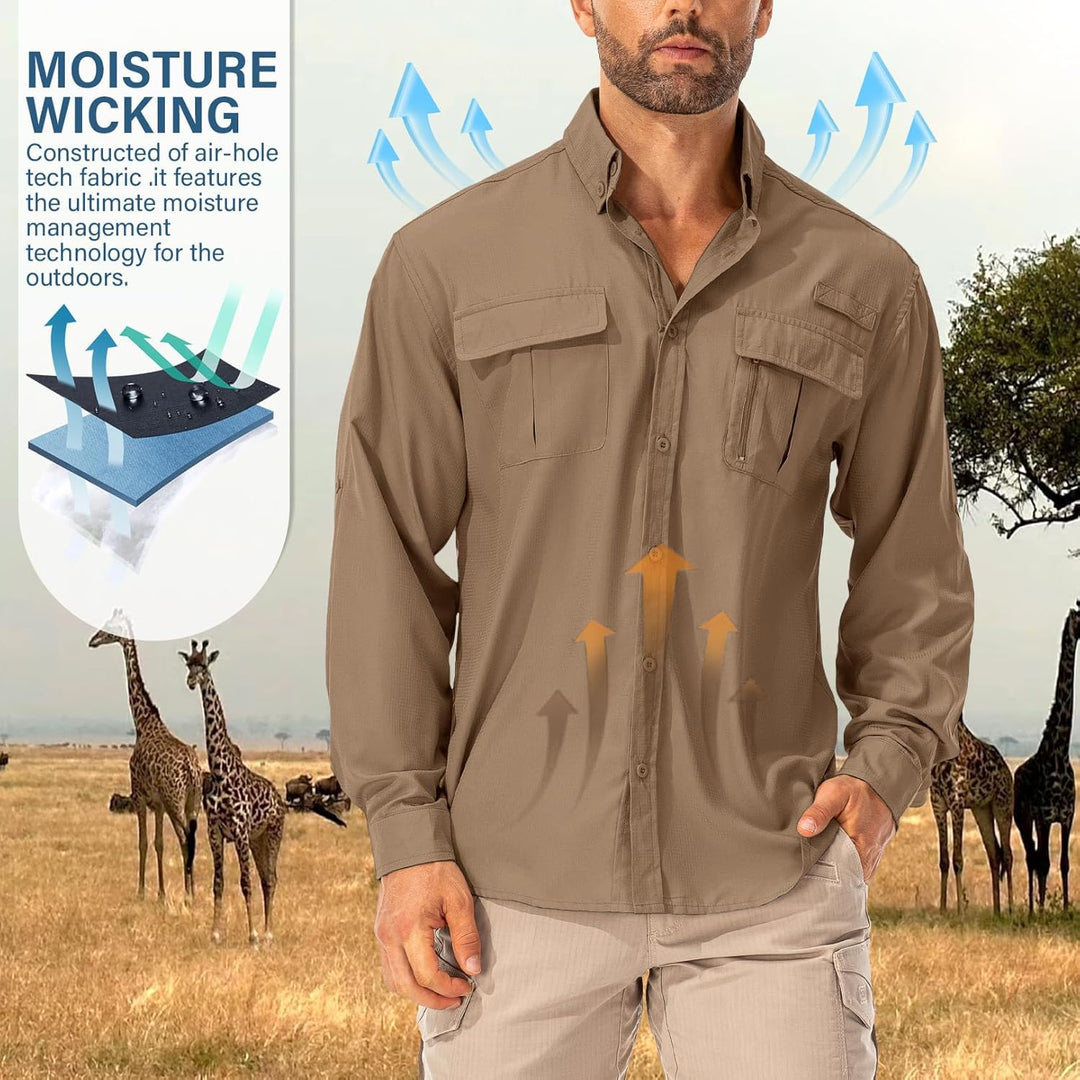 Hemd Herren Safari UPF50+ UV Schutz Wanderhemd Herren Langarm Funktionshemd Outdoorhemd Atmungsaktiv