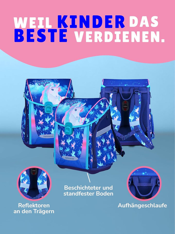 Familando - Premium Schulranzen Set - 6-teilig mit Sporttasche - Unicorn (Einhorn) - Ergonomisch, st