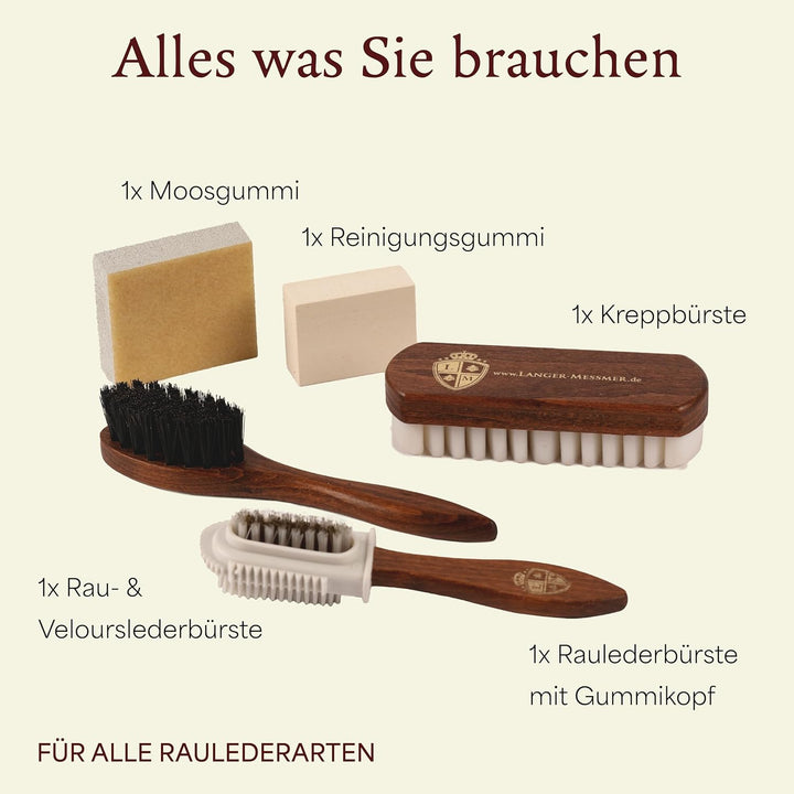 Langer & Messmer Schuhpflegeset für Rauleder - Schuhputzset mit Schuhbürsten zur Nubukleder Pflege u