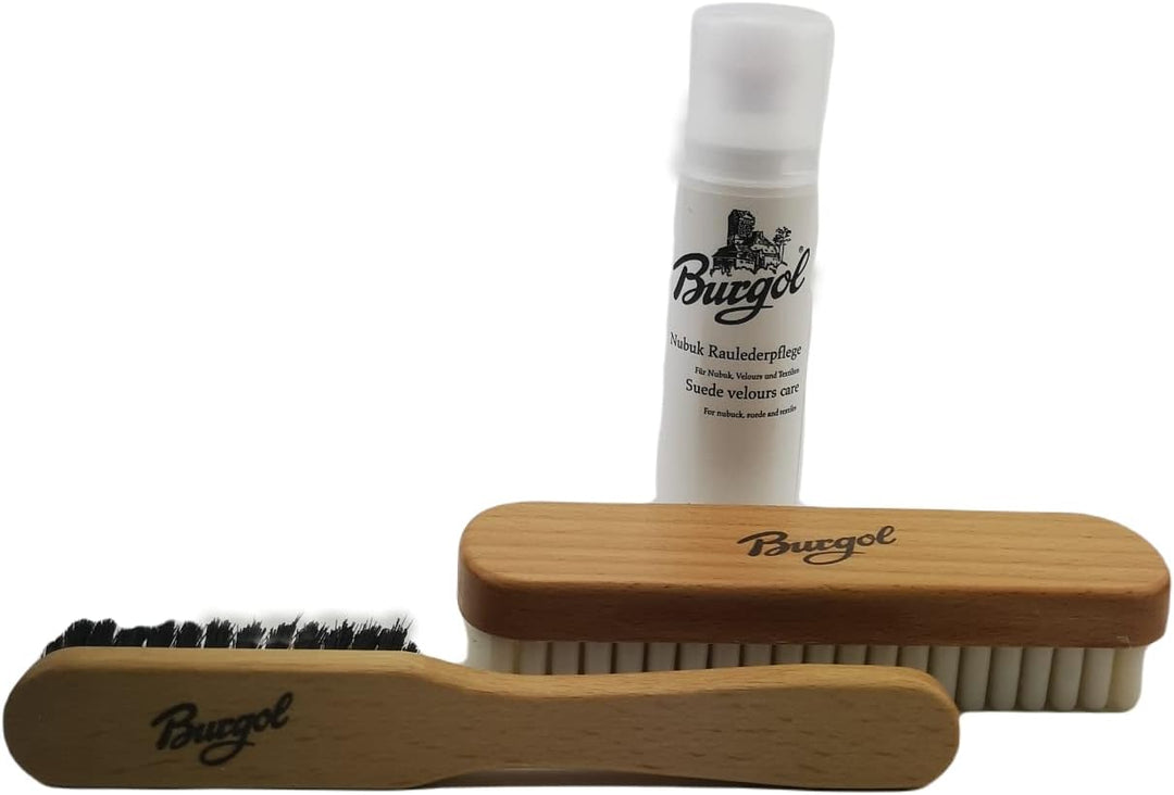 BURGOL Schuhputzset für Nubuk und Wildlederpflege Profi Schuhpflegeset für Raulederschuhe mit Bronze