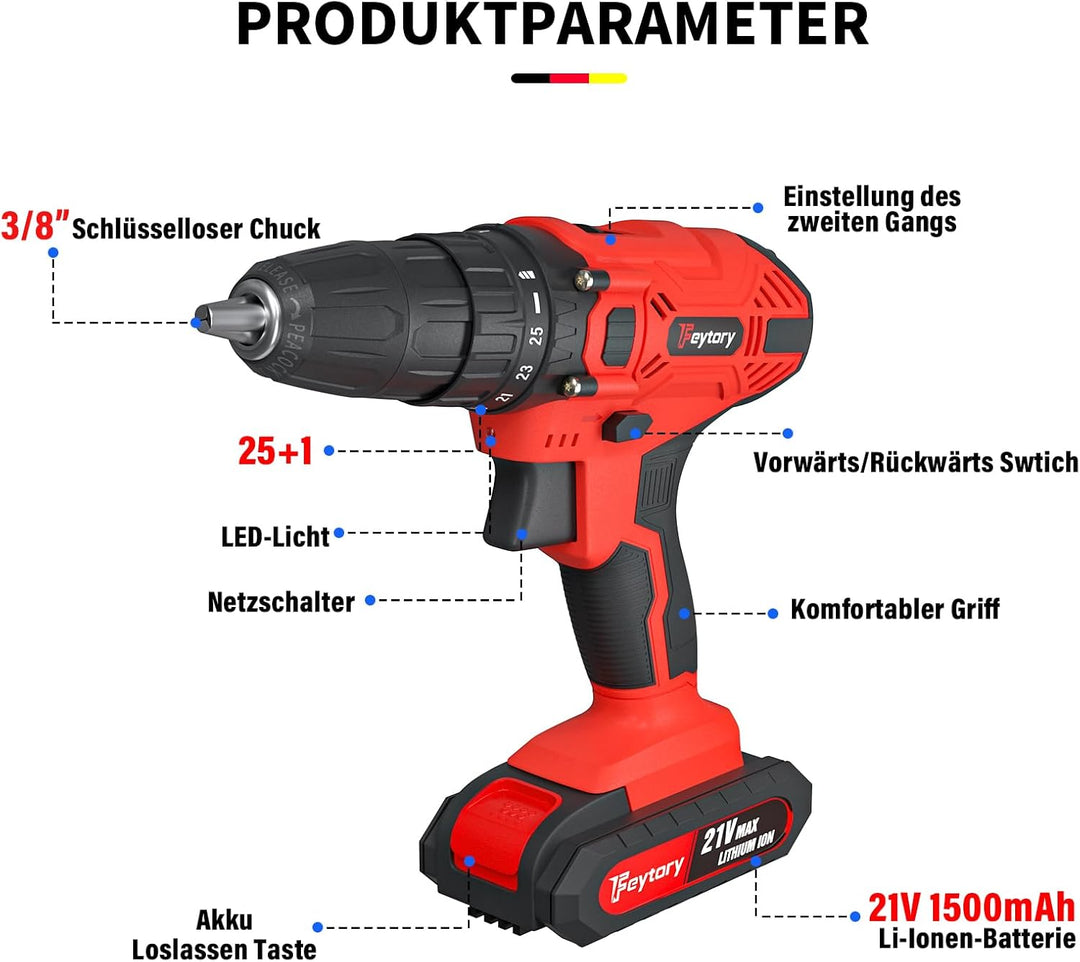 21V Akkuschrauber Akku Bohrschrauber Set Akku-Schlagbohrschrauber Akkubohrer mit 1500mAh Akkus, 45Nm