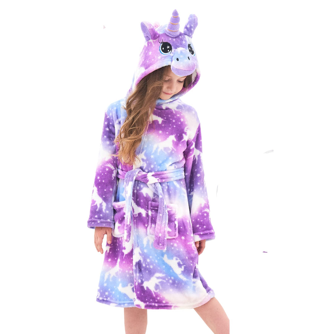 Ceruwum Einhorn Bademantel für Mädchen Weich Fleece Morgenmäntel mit Kapuze 5-6 Jahre Lila Einhorn,